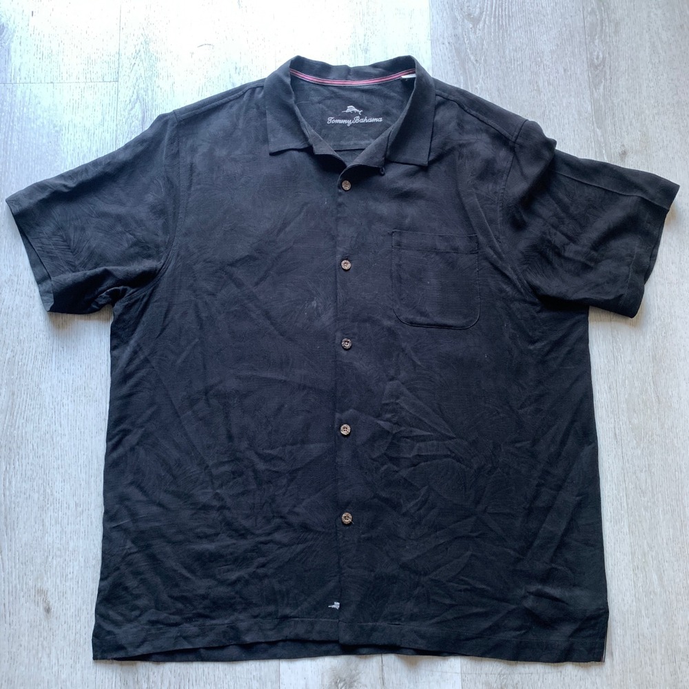 Tommy Bahama Men Tropic Isles Silk Camp Shirt‎ Black Sz XL vacation silky beach
